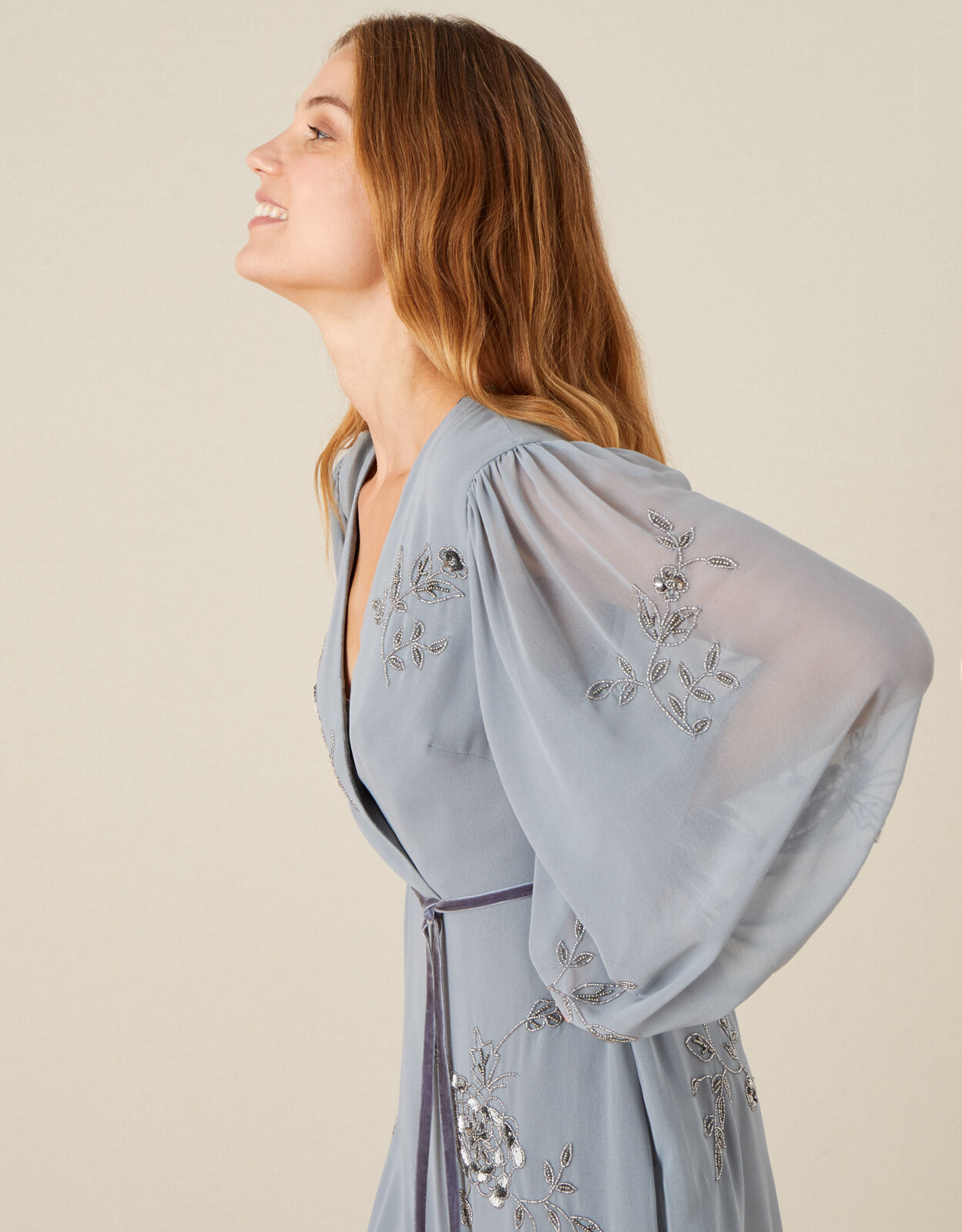Gracie Embroidered Wrap Dress in Recycled Fabric Grey | Evening Dresses |  Monsoon Global.